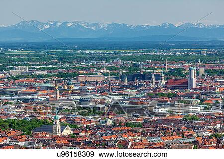 Stock Photo - Aerial view of Munich from Olympiaturm (Olympic Tower), Munich, Bavaria, Germany. Fotosearch