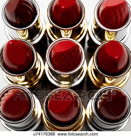 Stock Photo - Elevated view of nine lipsticks. Fotosearch