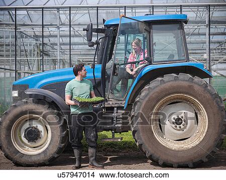 Picture - Farm workers discussing by tractor on herb farm. Fotosearch
