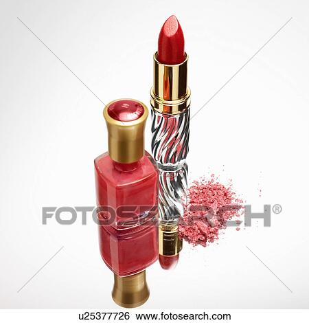Stock Photograph - Lipstick, nail varnish and eyeshadow. Fotosearch
