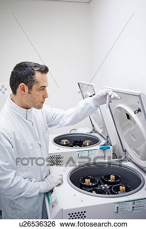 Stock Photograph - Man putting vials into centrifuge. Fotosearch