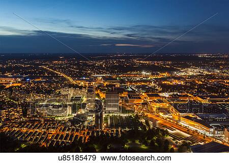 Night aerial view of Munich from Olympiaturm (Olympic Tower), Munich, Bavaria, Germany View Large Photo Image Stock Photo - Night aerial view of Munich from Olympiaturm (Olympic Tower), Munich, Bavaria, Germany. Fotosearch
