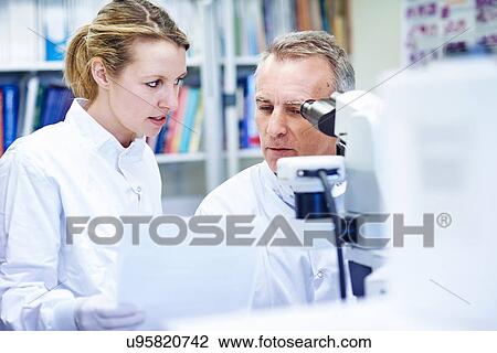 Stock Image - Researchers looking at paperwork. Fotosearch