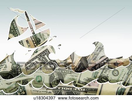Stock Photo - Boat on heavy waves made of paper currency. Fotosearch