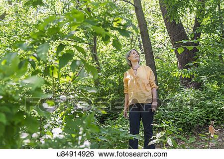 Stock Photograph - Senior woman hiking in forest. Fotosearch