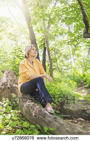 Stock Photograph - Senior woman sitting on log in forest. Fotosearch