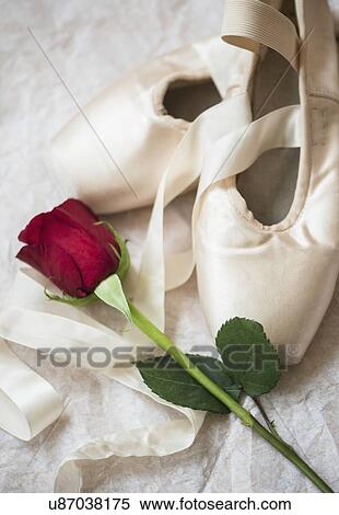 Stock Photography - Studio Shot of pair of ballet shoes and red rose. Fotosearch