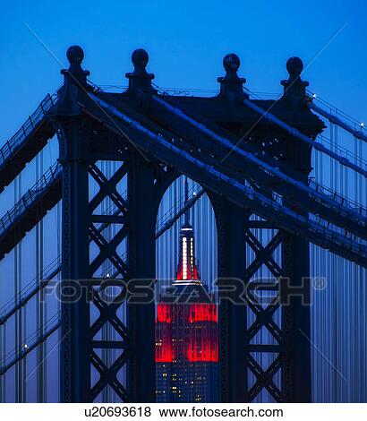 Stock Photo - Williamsburg Bridge in front of Empire State Building at night. Fotosearch