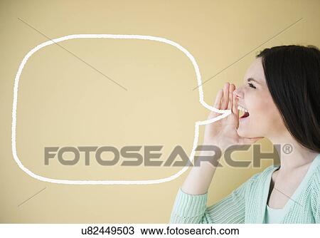 Stock Image - Young woman and word cloud. Fotosearch