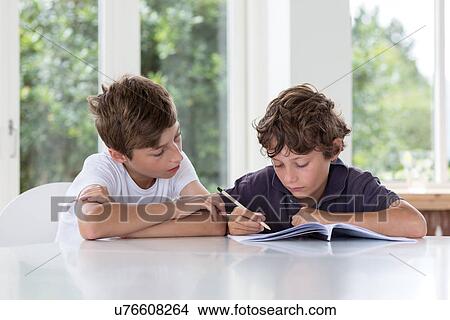 Picture - Brothers working together on homework. Fotosearch
