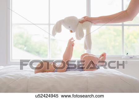 Cropped hand holding soft toy above baby View Large Photo Image Stock Photography - Cropped hand holding soft toy above baby. Fotosearch