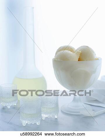 Picture - Dish of lemon curd ice cream with limoncello liqueur. Fotosearch