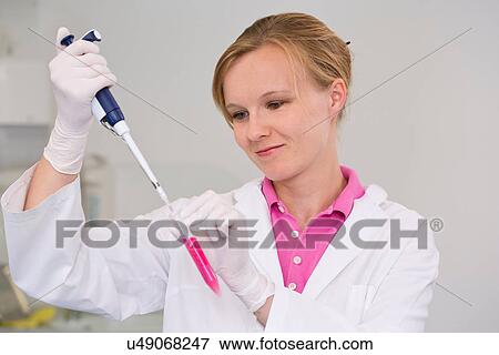 Female scientist pipetting liquid for reaction mixture View Large Photo Image Stock Photo - Female scientist pipetting liquid for reaction mixture. Fotosearch