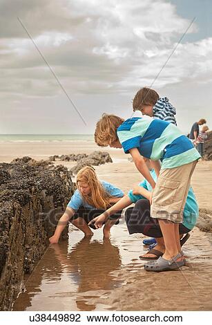 Stock Image - Friends looking in rock pool. Fotosearch