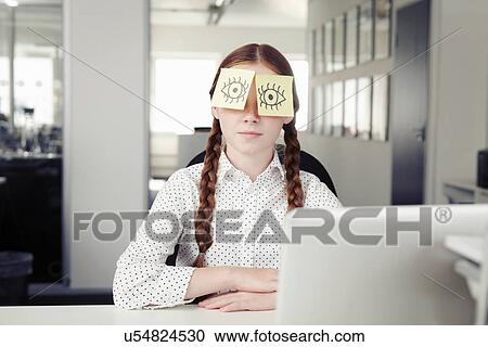 Girl in office with adhesive notes covering eyes View Large Photo Image Stock Image - Girl in office with adhesive notes covering eyes. Fotosearch
