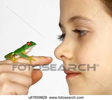 Stock Photo - Girl with a red-eyed tree frog on her finger. Fotosearch
