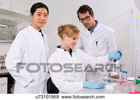 Stock Photo - Group of scientists testing in laboratory, pipetting solution. Fotosearch