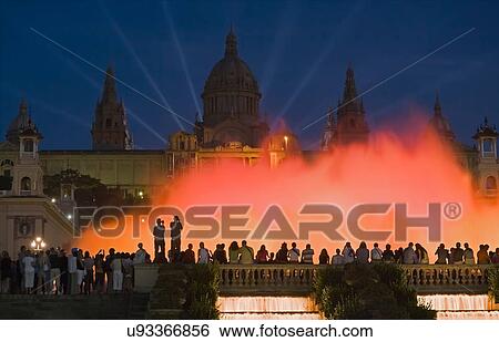 Stock Photograph - Magic Fountain and Palace of Montjuic, Catalonia, Spain. Fotosearch