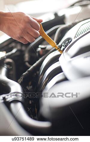 Mechanic checking oil dipstick on car engine View Large Photo Image Stock Photo - Mechanic checking oil dipstick on car engine. Fotosearch