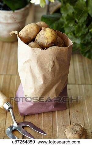 Stock Photo - Raw potatoes in brown paper bag. Fotosearch