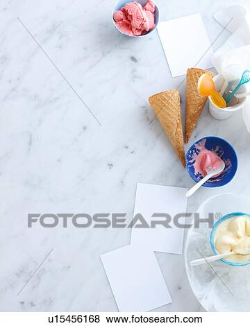 Still life with bowls of ice cream and cones View Large Photo Image Stock Photo - Still life with bowls of ice cream and cones. Fotosearch
