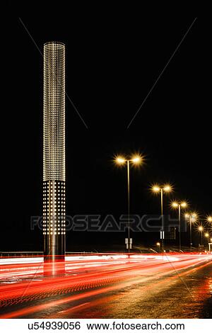 Stock Photograph - Traffic on bridge at night, Augsburg, Bavaria, Germany. Fotosearch