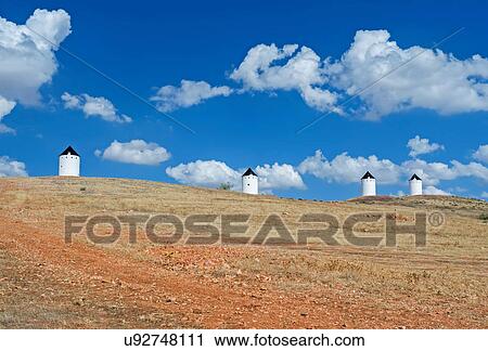 Stock Image - Windmills at Campo de Criptana, Spain. Fotosearch