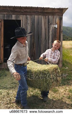 Boys collecting hay View Large Photo Image Stock Image - Boys collecting hay . Fotosearch