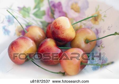 Stock Photo - Detail of sour cherries in bowl. Fotosearch