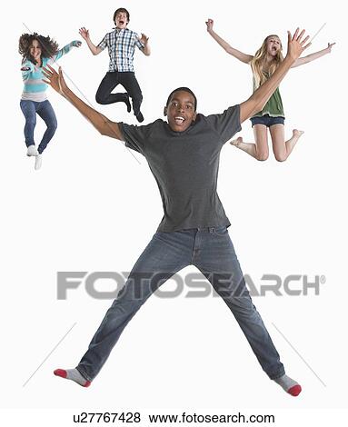 Studio shot of four friends (12-13, 14-15) jumping on white background View Large Photo Image Stock Photo - Studio shot of four friends (12-13, 14-15) jumping on white background. Fotosearch