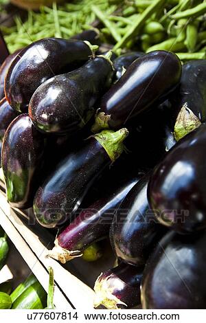 Picture - Close up of Aubergine at a market stall. Fotosearch
