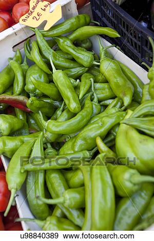 Stock Photo - Close-up of green chili pepper in store. Fotosearch