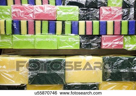 Stock Photograph - Multicolored sponges in grocery store. Fotosearch