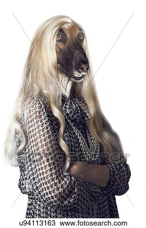 Senior Woman With Dog S Head And Long Hair Stock Image U94113163
