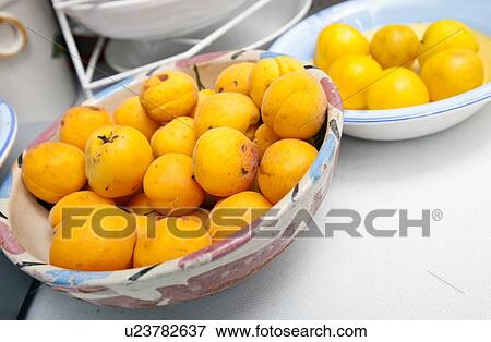 Stock Photo - Yellow peaches in bowl at kitchen counter. Fotosearch