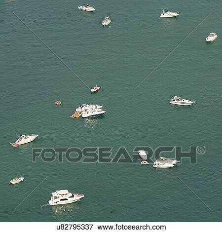 Stock Photo - Aerial view of Boats in Lake Michigan, Chicago, Cook County, Illinois, USA. Fotosearch