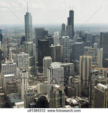 Stock Image - Aerial View of Skyscrapers in Chicago, Cook County, Illinois, USA. Fotosearch