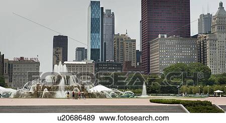 Stock Photo - Buckingham fountain in Millennium Park, Lakefront Trail, Chicago, Cook County, Illinois, USA. Fotosearch