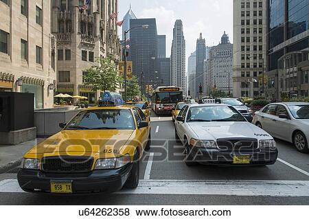 Stock Photo - Cars on the road in Chicago, Cook County, Illinois, USA. Fotosearch