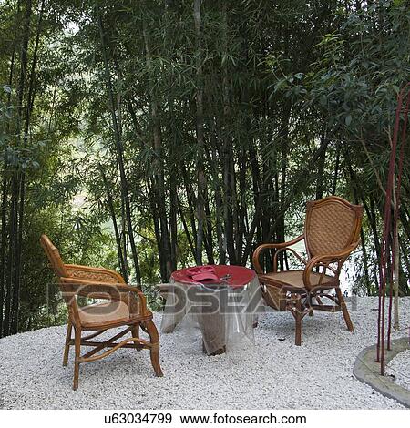 Stock Photo - Chairs on a patio between bamboo groves, Yangshuo, Guilin, Guangxi Province, China. Fotosearch