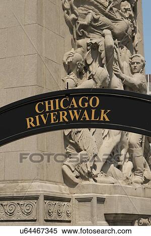Chicago Riverwalk sign and Statues on Michigan Avenue Bridge, Chicago, Cook County, Illinois, USA View Large Photo Image Stock Photography - Chicago Riverwalk sign and Statues on Michigan Avenue Bridge, Chicago, Cook County, Illinois, USA. Fotosearch