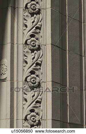 Stock Image - Details of carvings of flowers on the wall of a building, Chicago, Cook County, Illinois, USA. Fotosearch
