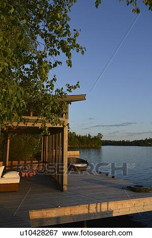 Stock Photo - Dock at the lakeside, Lake of The Woods, Keewatin, Ontario, Canada. Fotosearch