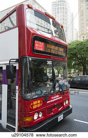 Stock Photo - Double-decker bus moving on the road, Chicago, Cook County, Illinois, USA. Fotosearch
