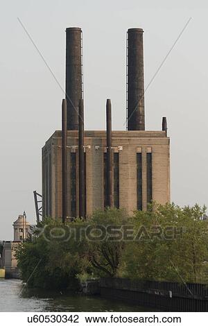 Stock Image - Factory at the waterfront, Chicago, Cook County, Illinois, USA. Fotosearch