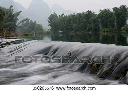 Stock Photograph - Flowing water of Yulong River, Yangshuo, Guilin, Guangxi Province, China. Fotosearch