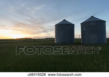 Stock Photo - Grain silos in a prairie field, Manitoba, Canada. Fotosearch