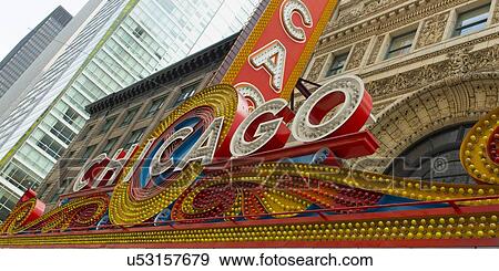 Stock Photo - Low angle view of Chicago Theater neon sign, Chicago, Cook County, Illinois, USA. Fotosearch