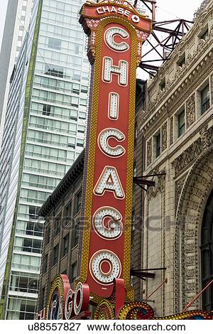 Stock Photo - Low angle view of Chicago Theater neon sign, Chicago, Cook County, Illinois, USA. Fotosearch