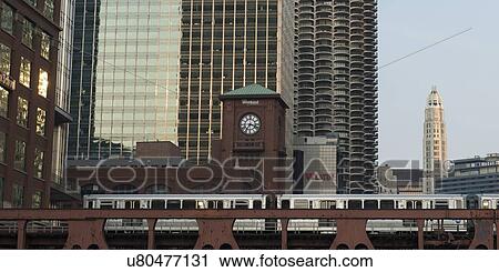 Stock Image - Monorail on a bridge, Chicago, Cook County, Illinois, USA. Fotosearch